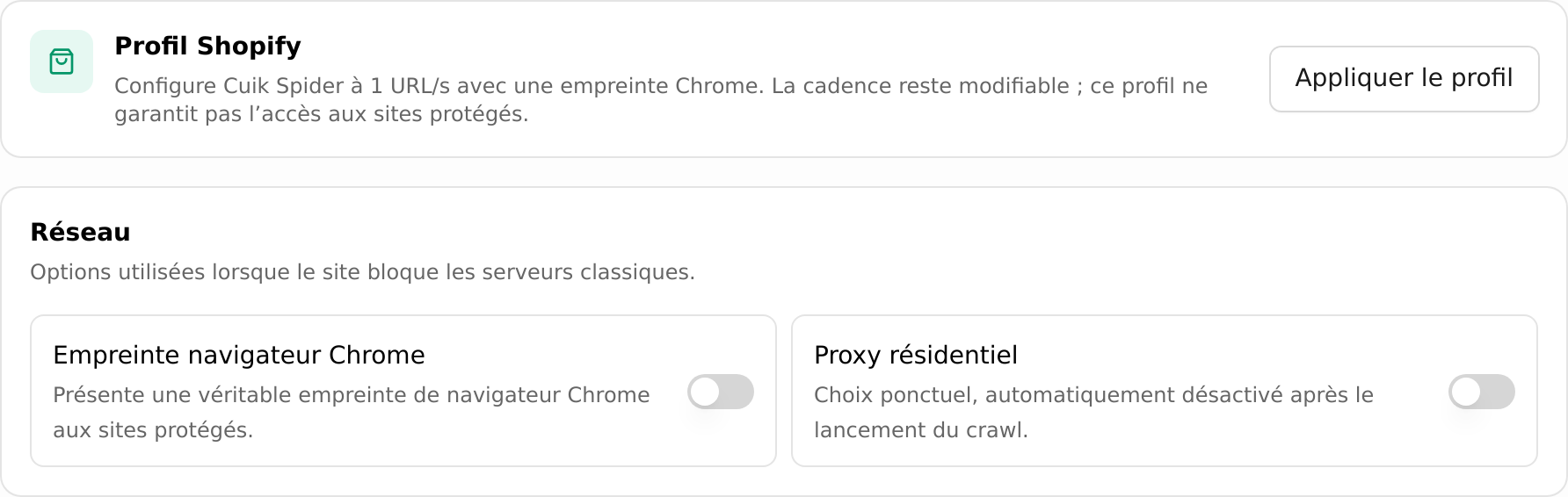 Profil Shopify, empreinte Chrome et proxy résidentiel